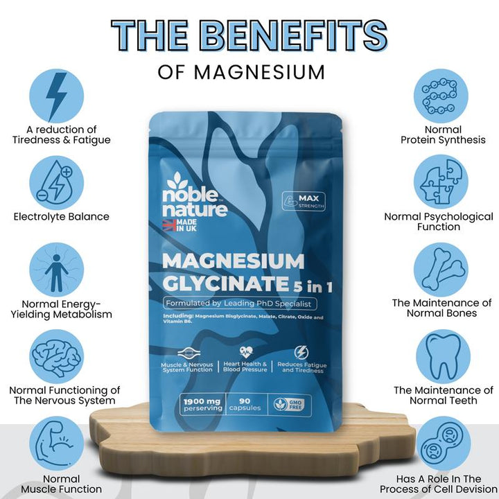 5 in 1 Magnesium Glycinate Formulated by PhD Expert 5 in 1 High Strength Capsules - 1900mg per serving - Supports Muscle Function, Tiredness, Sleep, Energy, Bones & Nervous System - Vitamin B6 - Healthcare supplement - Optimum Dietary - Capsule Gummy Manufacturer