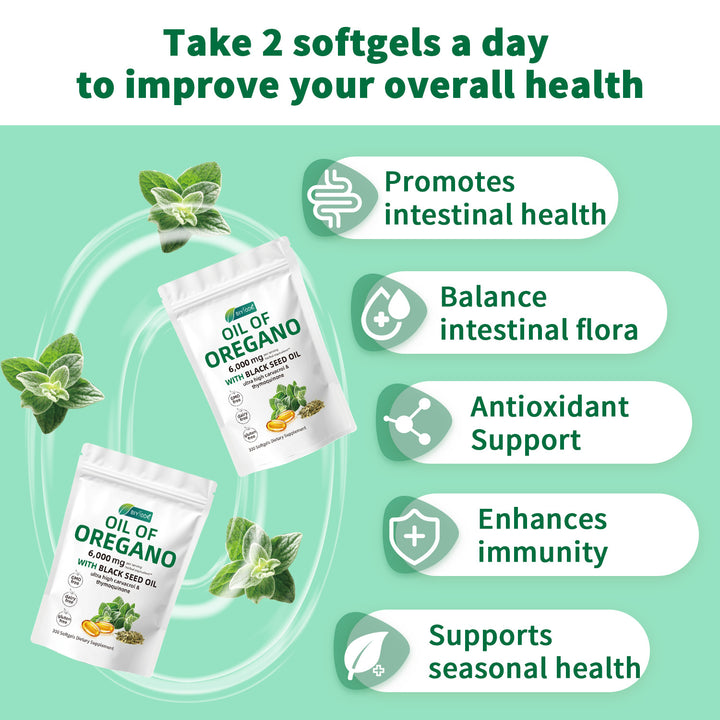 Oil of Oregano Softgels 6000mg Per Serving, 300 Count | 2 in 1 Formulated with Black Seed Oil 200mg, 4X Strength Carvacrol & Thymoquinone | Plant Based, Non-GMO & Immune Support - Capsule Gummy Manufacturer