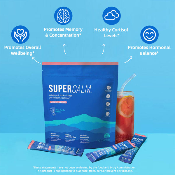 Supercalm Powdered Drink Mix, Raspberry Lemonade, L Theanine, Ksm-66 Ashwagandha, Magnesium Glycinate, Vitamin D 3, Supplements for Relaxation & Focus, No Sugar, Non GMO, On The Go, 20 Ct - Capsule Gummy Manufacturer