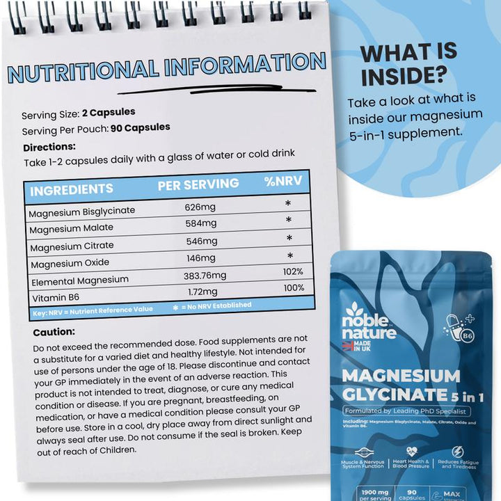 5 in 1 Magnesium Glycinate Formulated by PhD Expert 5 in 1 High Strength Capsules - 1900mg per serving - Supports Muscle Function, Tiredness, Sleep, Energy, Bones & Nervous System - Vitamin B6 - Healthcare supplement - Optimum Dietary - Capsule Gummy Manufacturer