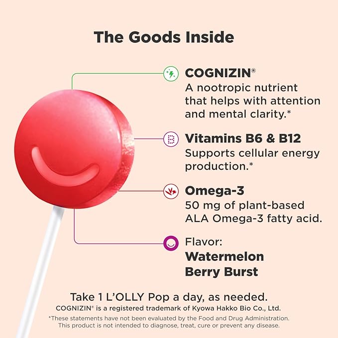 Focus Buddies L’OLLY Pops, Omega-3 ALA, B6, B12, Cognizin®, Kids Supplement Lollipops to Supports Focused Attention & Healthy Brain Function, Vegetarian, Watermelon Strawberry, 25 Count - Capsule Gummy Manufacturer