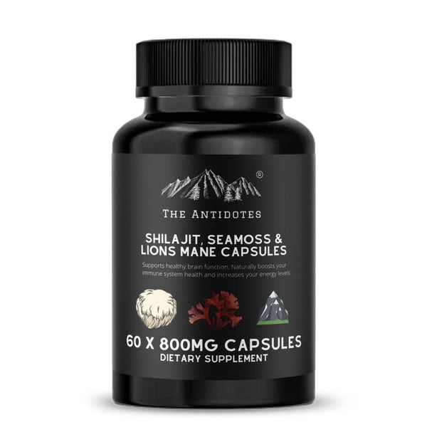 Shilajit, 9000mg Sea Moss 30:1 & 9000mg Lions Mane 30:1 - Adaptogen Blend | 60 capsules Healthcare Dietary Fitness Supplement - Vegan - Organic - Capsule Gummy Manufacturer