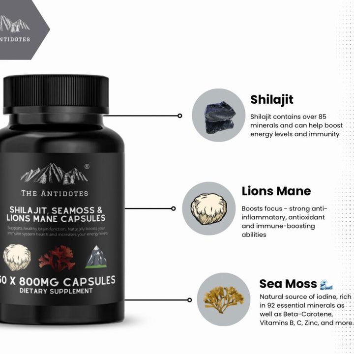 Shilajit, 9000mg Sea Moss 30:1 & 9000mg Lions Mane 30:1 - Adaptogen Blend | 60 capsules Healthcare Dietary Fitness Supplement - Vegan - Organic - Capsule Gummy Manufacturer