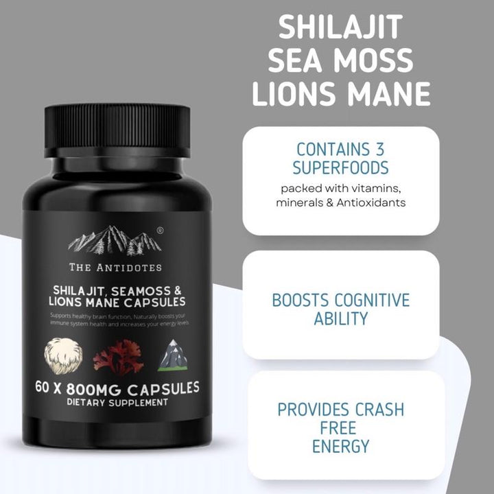 Shilajit, 9000mg Sea Moss 30:1 & 9000mg Lions Mane 30:1 - Adaptogen Blend | 60 capsules Healthcare Dietary Fitness Supplement - Vegan - Organic - Capsule Gummy Manufacturer